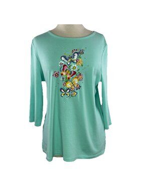 Quacker Factory Sz M Butterfly Embroidered Rhinestone V-Neck 3/4 Sleeve Top Teal